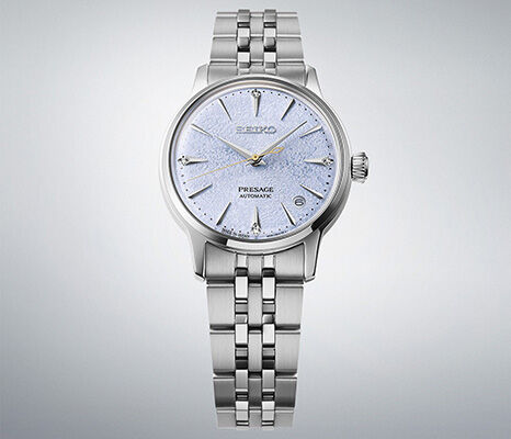 Seiko Presage ladies’ watch with light blue dial and stainless steel bracelet, automatic 3-day power reserve